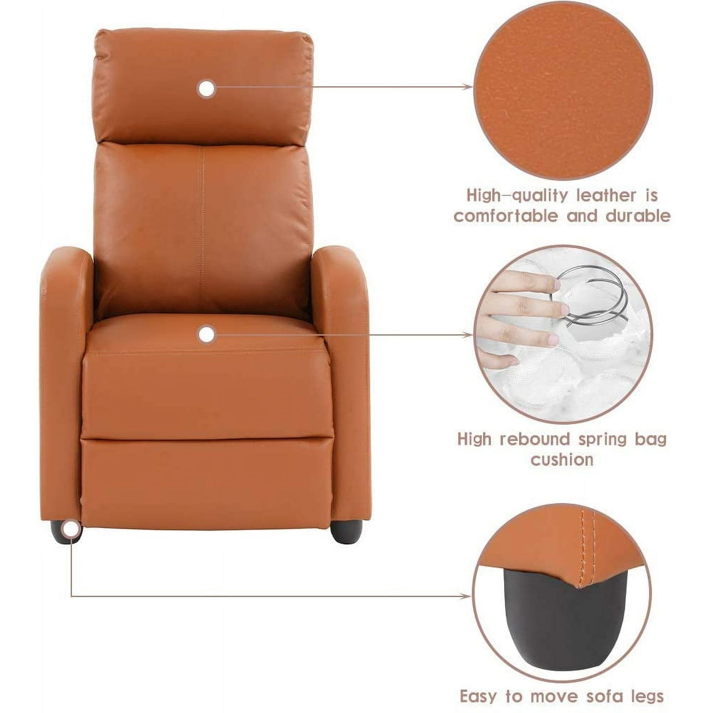 FDW Recliner Chair for Living Room Furniture Home Theater Seating Glider Chairs Modern Wingback Single Sofa PU Leather with Footrest (Tan)