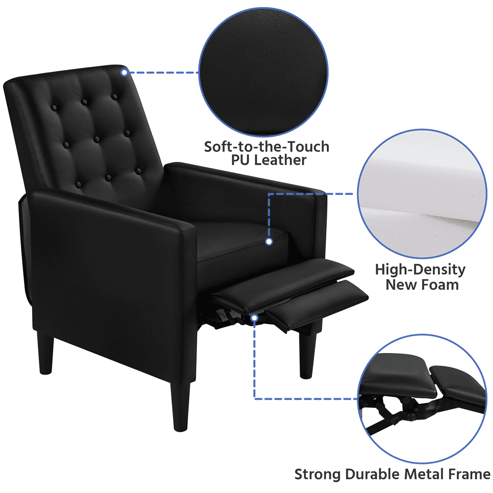 Alden Design Modern Tufted Faux Leather Recliner with Footrest for Living Room, Black