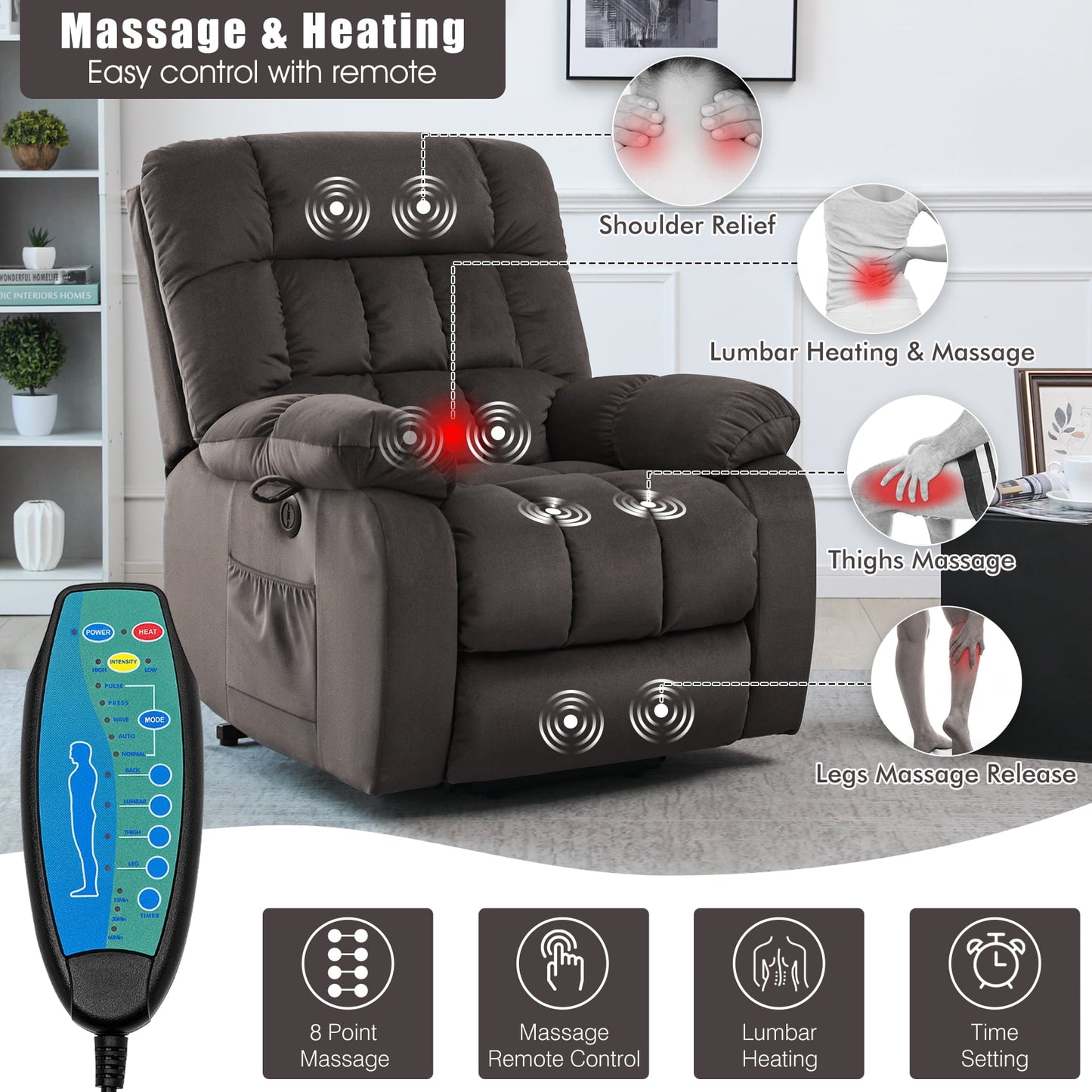 Electric Power Lift Recliner Chair with Heat & Massage, Velvet Fabric Heavy Duty Sofa for Home Living Room & Elderly