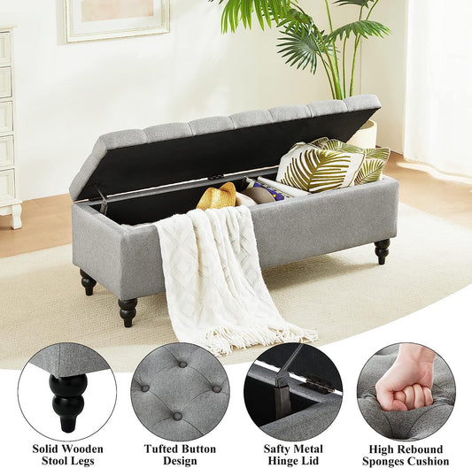 50.2 Inches Grey Upholstered Storage Ottoman Bench with Large Capacity, Perfect for Entryway, Bedroom, Living Room