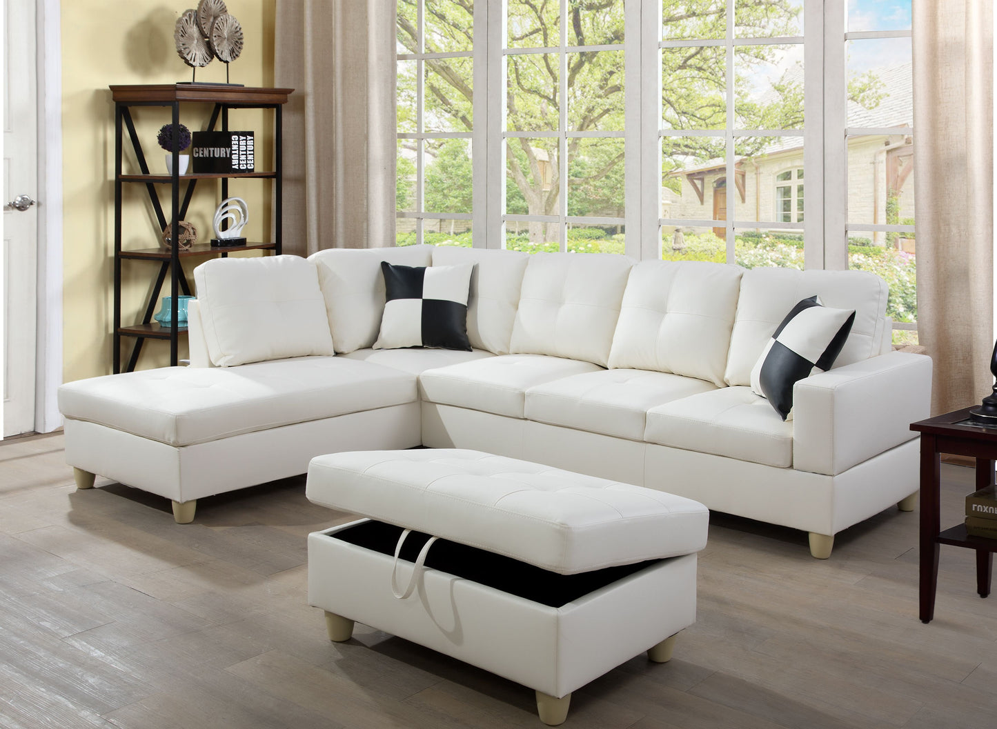 Hula Faux Leather 3-Piece L-Shaped Sectional Sofa with Ottoman, White (Left Hand Facing)