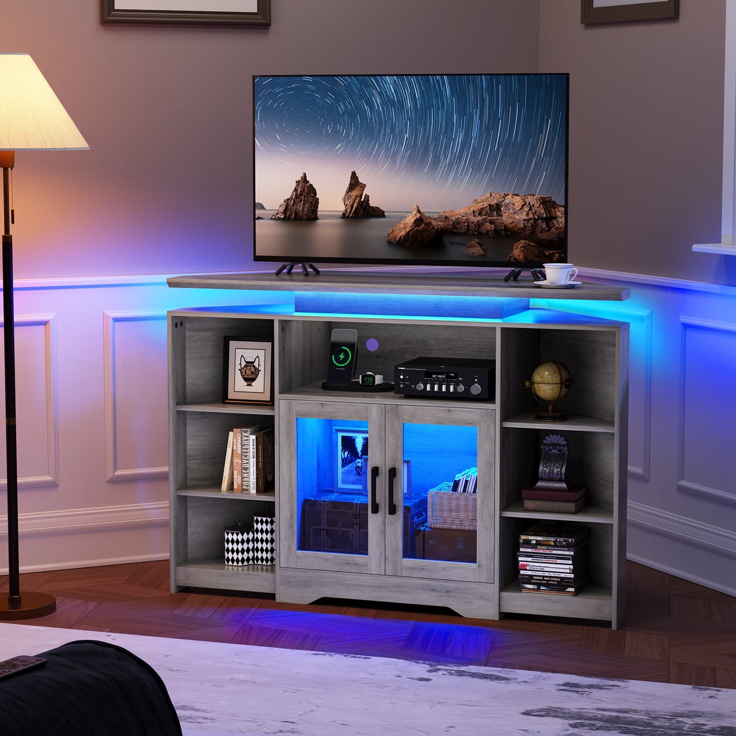 Tall Floating TV Stand, 55in Entertainment Center with LED Lights & Charging Station, Corner Media TV Table with Open Storage & Cabinet, Gray