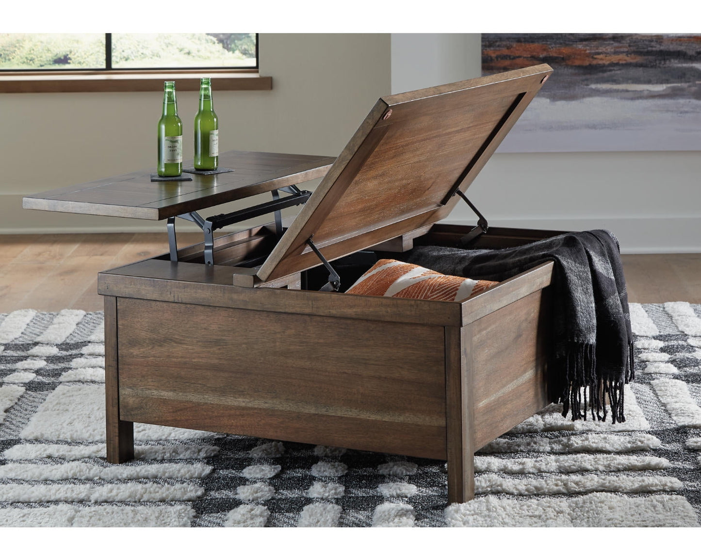 Ashley Moriville Solid Wood Coffee Furniture, Rustic Lift Top Cocktail Table with Hidden Storage, Light Brown