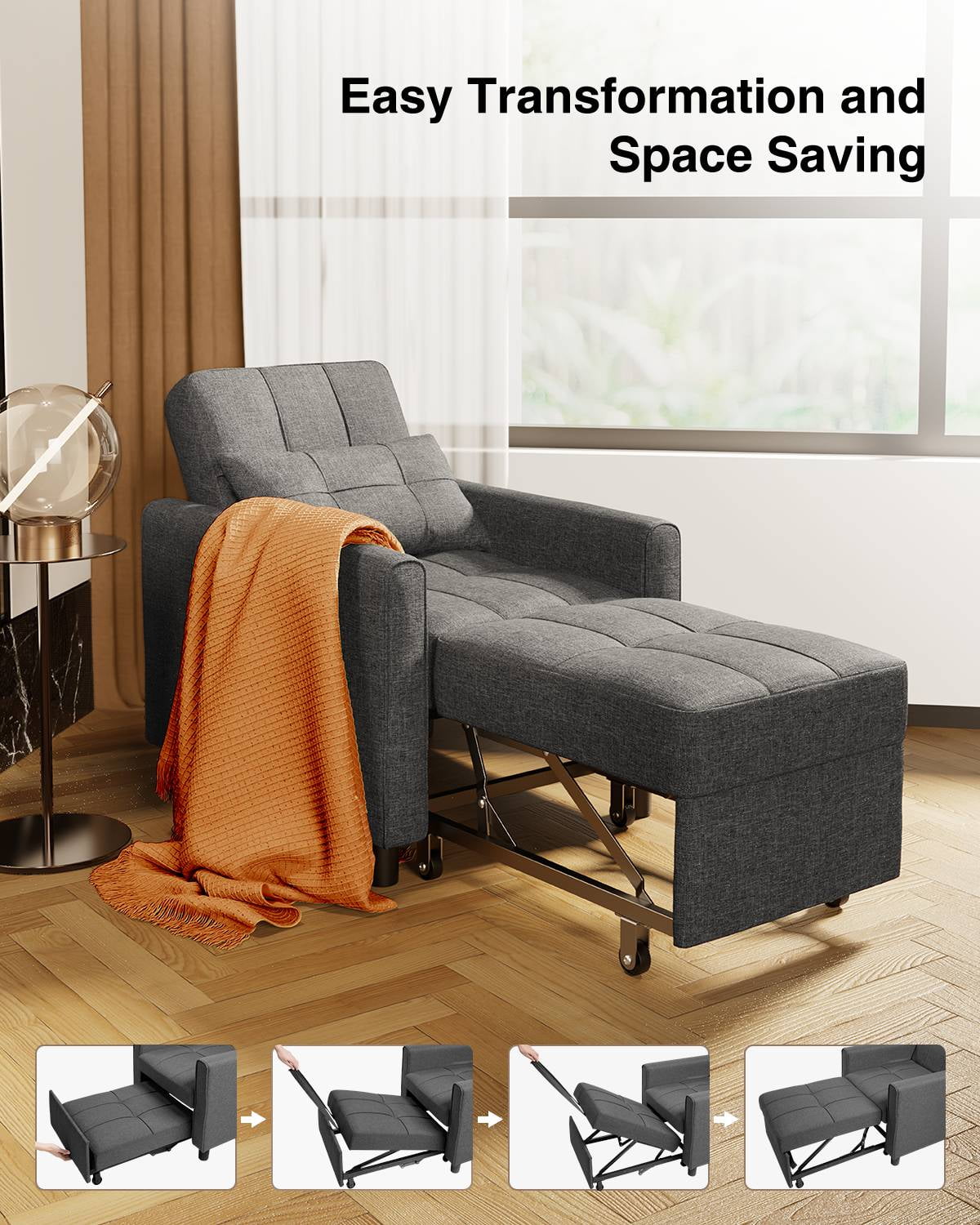 Aihos Dark Grey 3-in-1 Convertible Chair Single Bed, Sofa-An Recliner, Folds to Sleeper