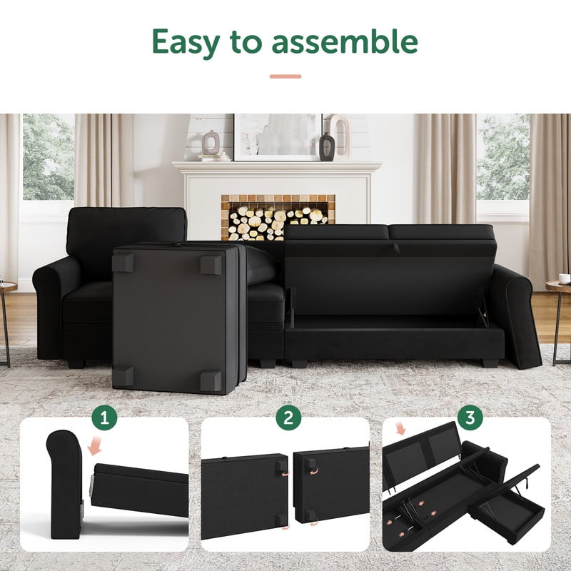 HONBAY 102.4in Velvet L-Shaped Sectional Sofa Upholstered Seat with Hidden Storage for Apartment, Dark Black