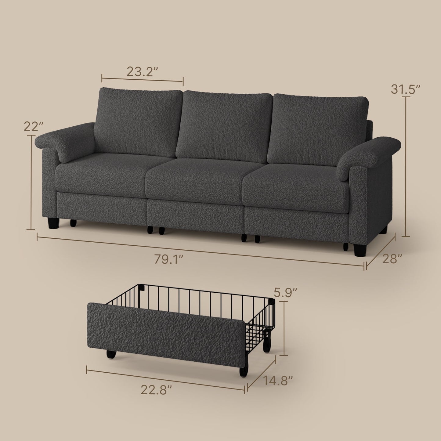 Grey Sofa, Lofka 79in Standard Sofa and Couch with 3 Storage Drawers for Living Room|Apartment