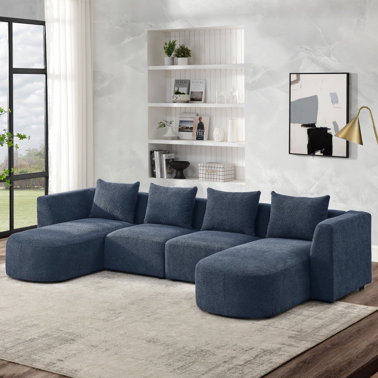 U-Shaped Modular Sofa with 2 Chaises, 2 Seats, Ottoman, Waist Pillows, Navy Upholstery
