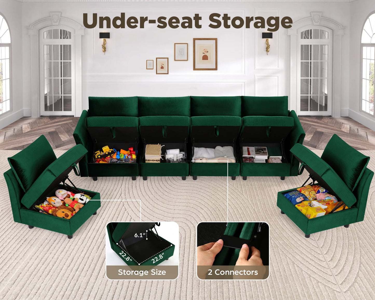 Funcid Modular Sofa and Couch, Modular Sectional Sleeper Couch with Storage, Oversized 6 Seat Convertible U Shaped Sectional Sofa for Home Living Room, Olive Green Velvet