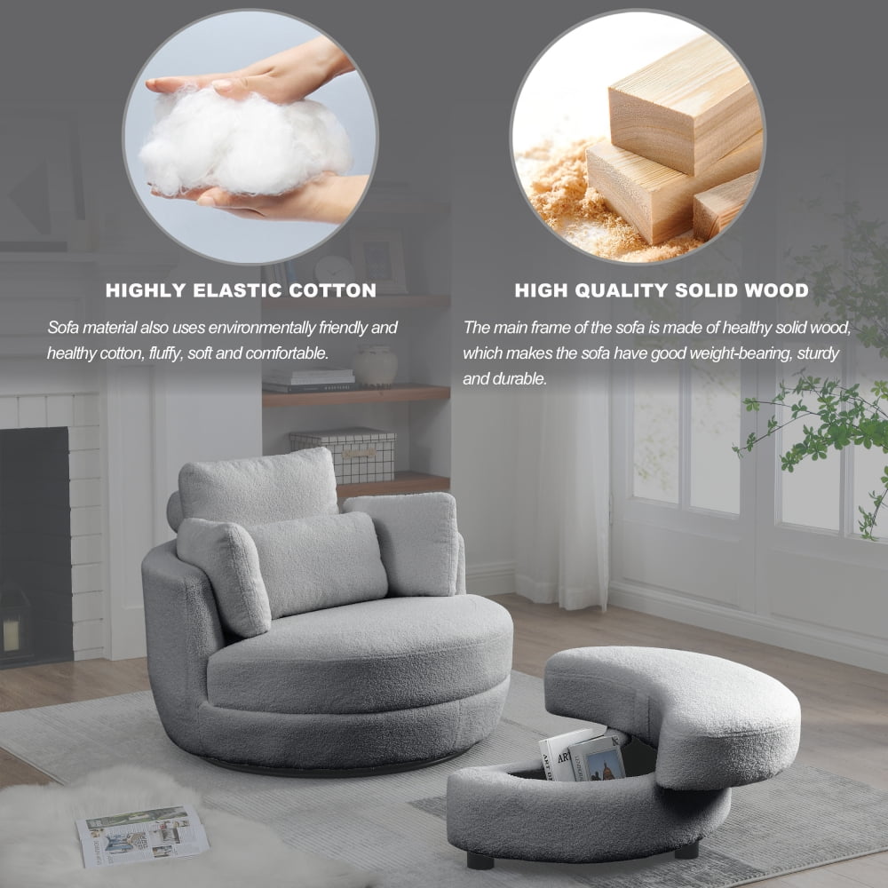 Gray, Oversized Swivel Barrel Chair with Storage Ottoman and 4 Pillows, Modern Accent
