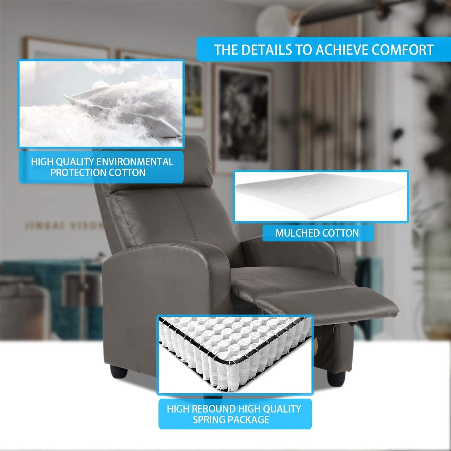 FDW Recliner Chair for Living Room Furniture Home Theater Seating Glider Chairs Modern Wingback Single Sofa PU Leather with Footrest (Grey)