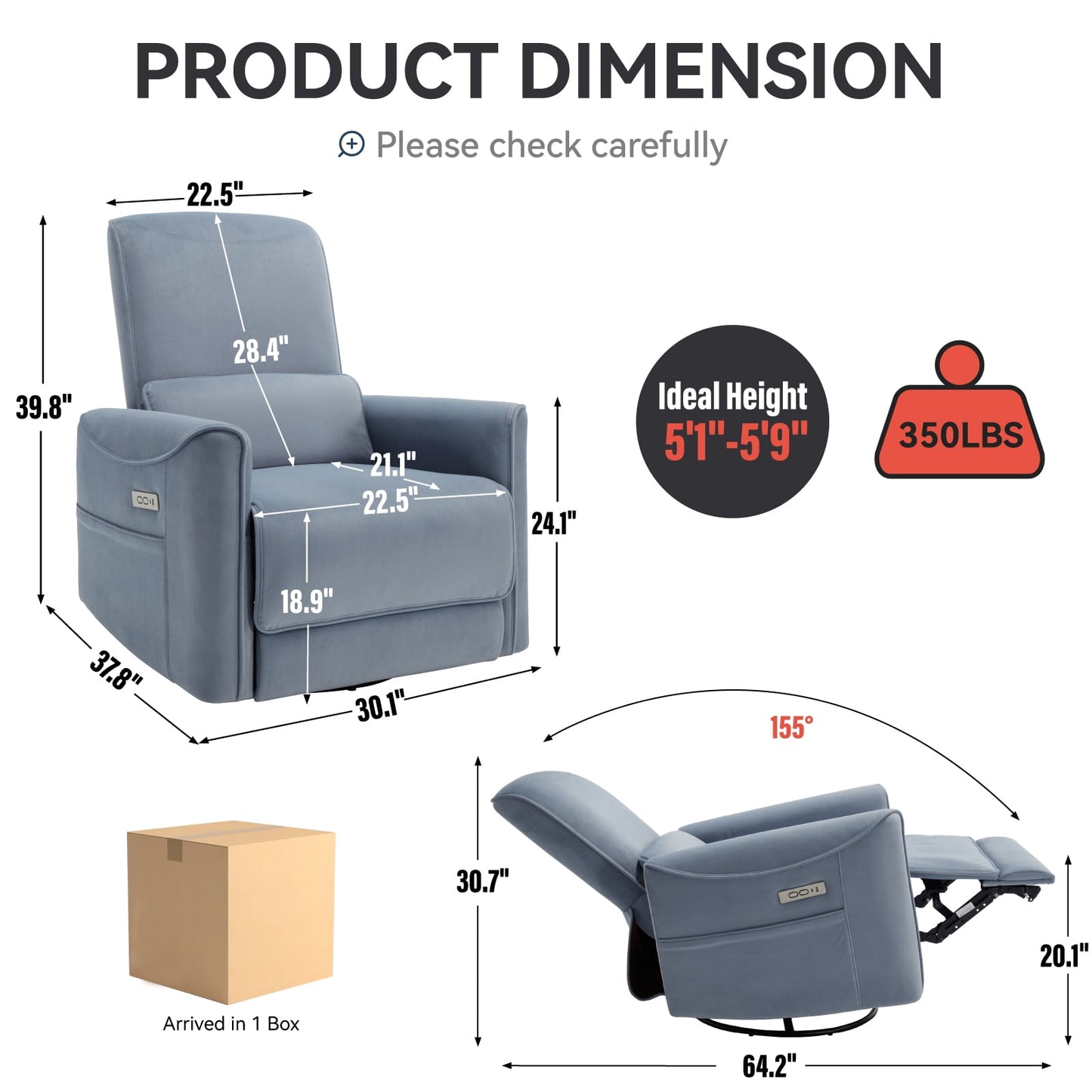 Trustyue Power Glider Swivel Rocker Recliner , Fabric Blue Chair for Living Room with USB and Type-C Ports