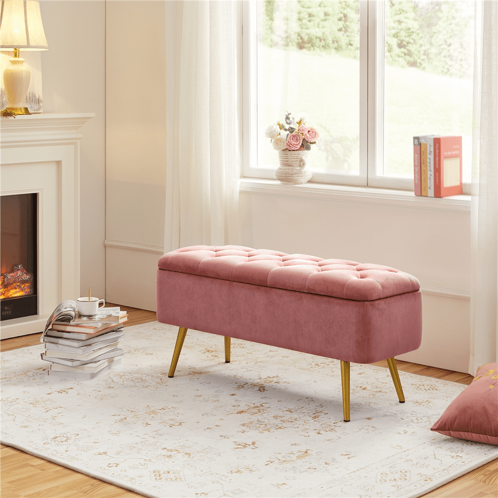 Alden Design Modern Velvet Upholstered Storage Accent Bench, Pink