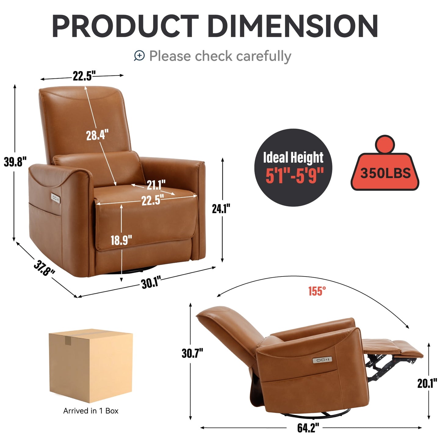 Trustyue Power Glider Swivel Rocker Recliner , Faux Leather Brown Chair for Living Room with USB and Type-C Ports