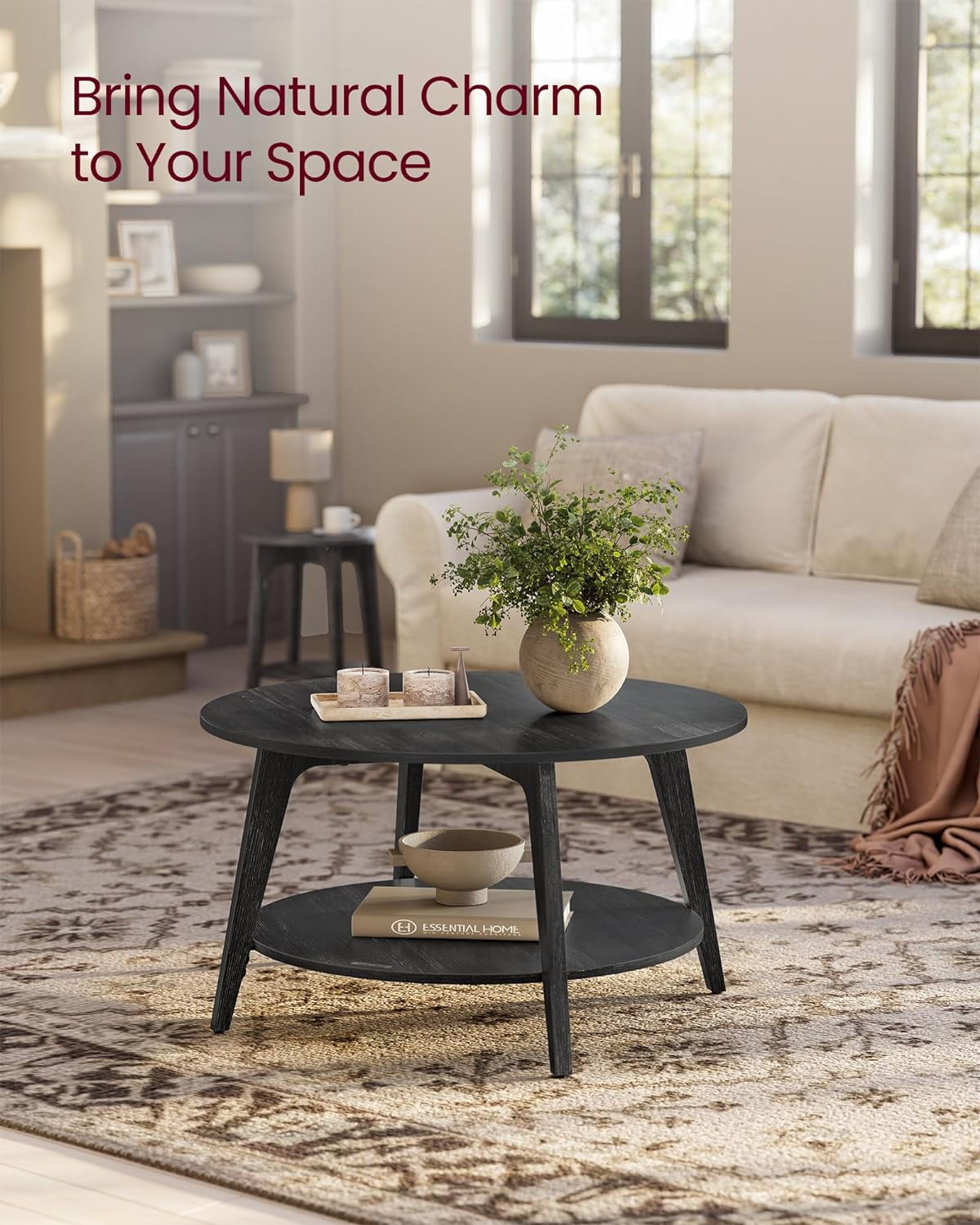 VASAGLE Round Coffee Table, 2 Tier Coffee Table with Storage, for Living Room, 31.5 x 17.7 Inches, Easy to Assemble, Charcoal Gray ULCT243B22