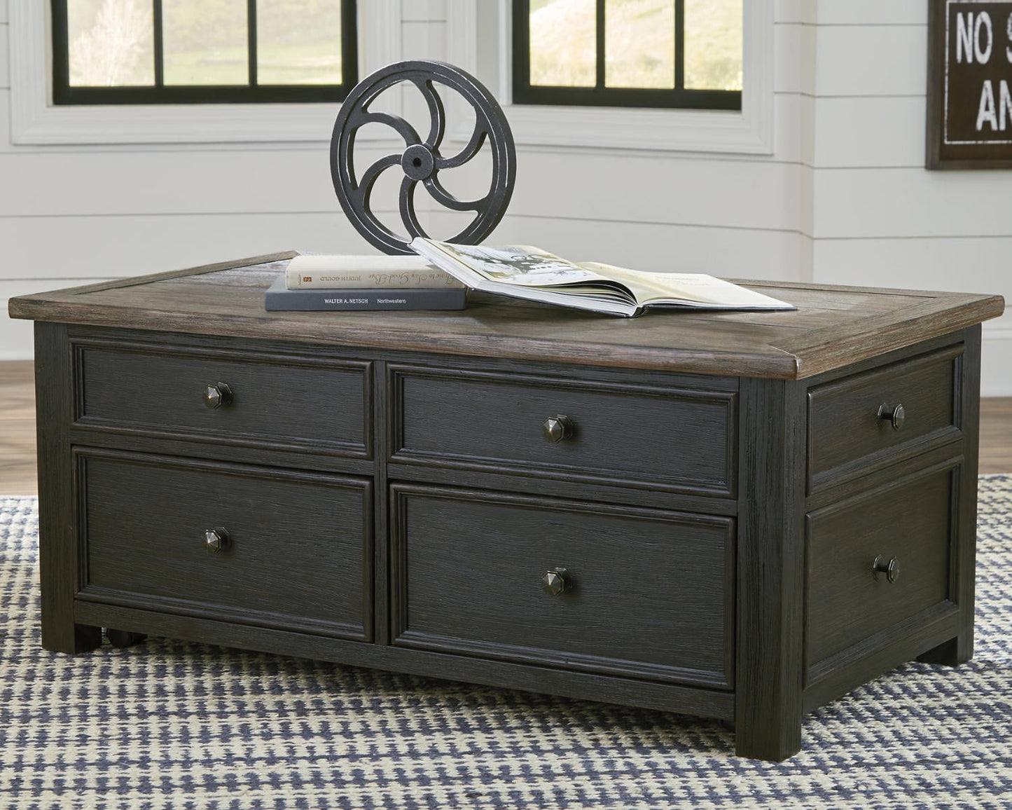 Ashley Furniture Tyler Creek Wood 4 Drawer Lift Top Coffee Table, Grayish Brown/Black