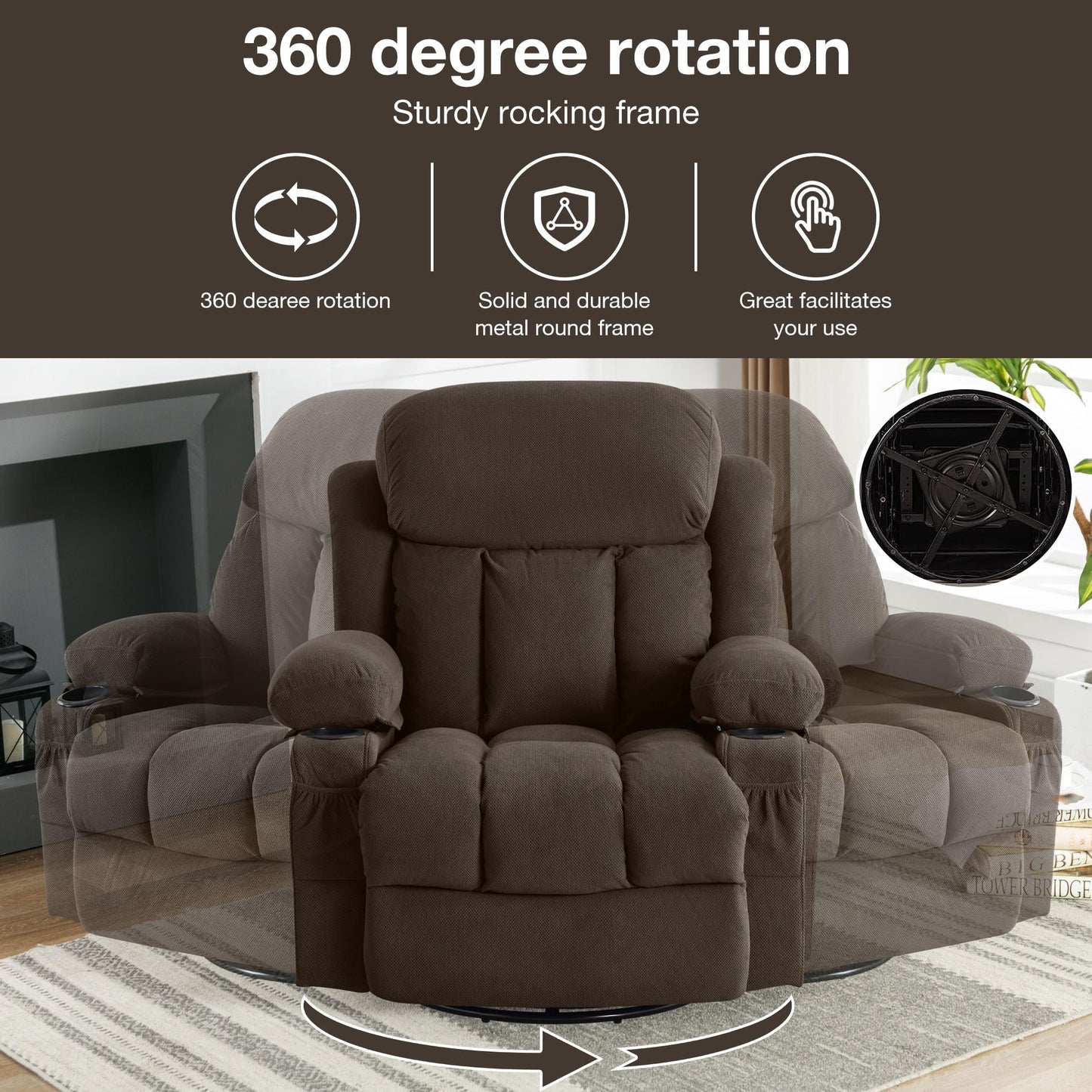 HSUNNS Oversized Rocker Recliner Chair with Swivel & Massage Function, Heat, USB Port and 2 Cup Holders, Brown