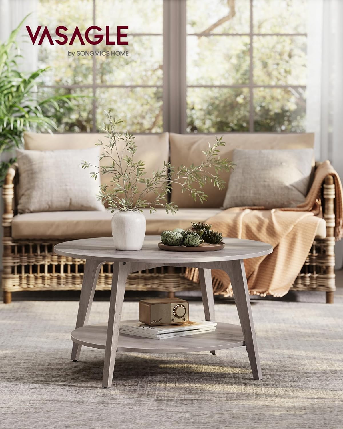 VASAGLE Round Coffee Table, 2 Tier Coffee Table with Storage, for Living Room, 31.5 x 17.7 Inches, Easy to Assemble, Heather Greige ULCT243K02