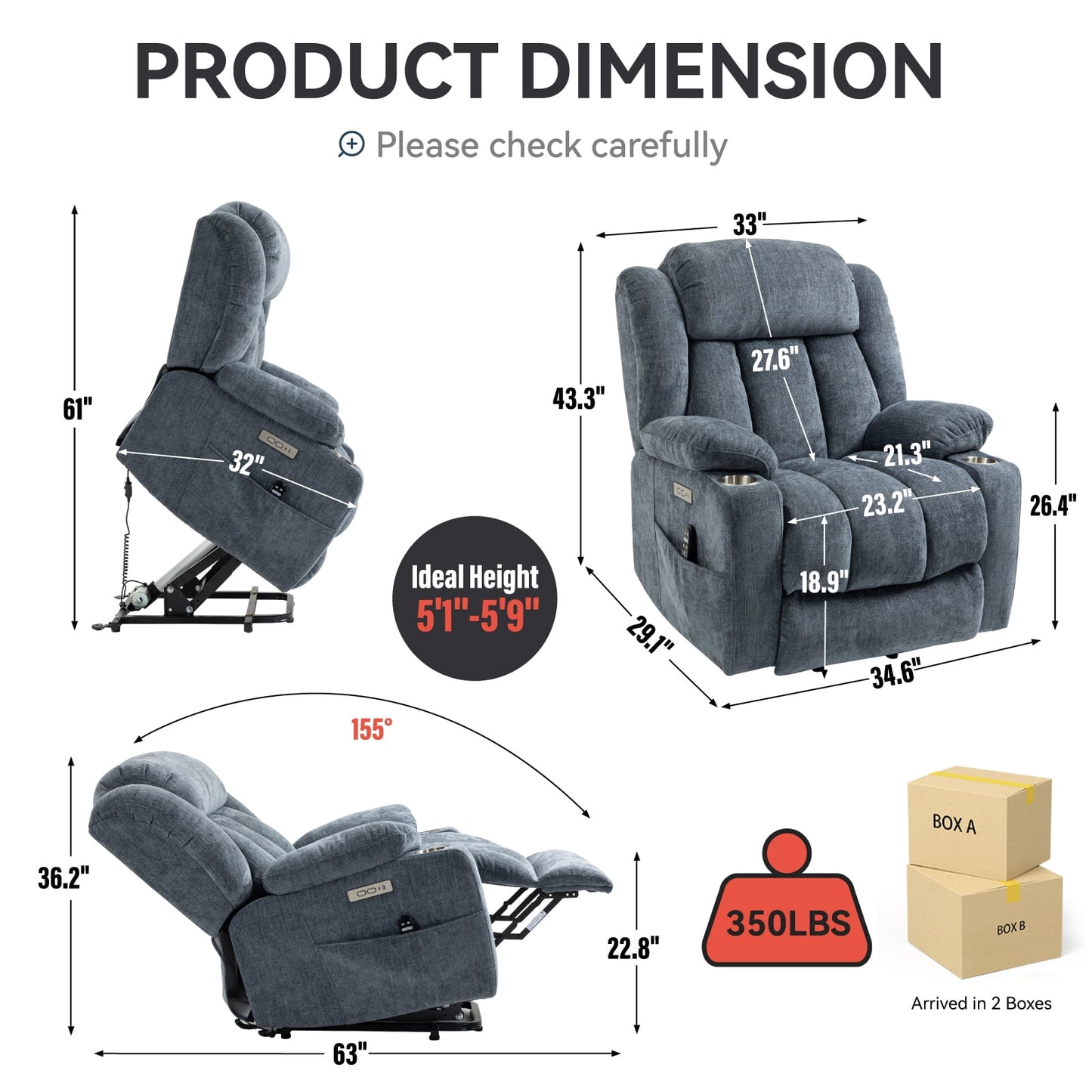 Trustyue Power Lift Recliner Chair Massage and Heating Function, USB Port, Stainless Steel Cup Holder, Chenille Blue