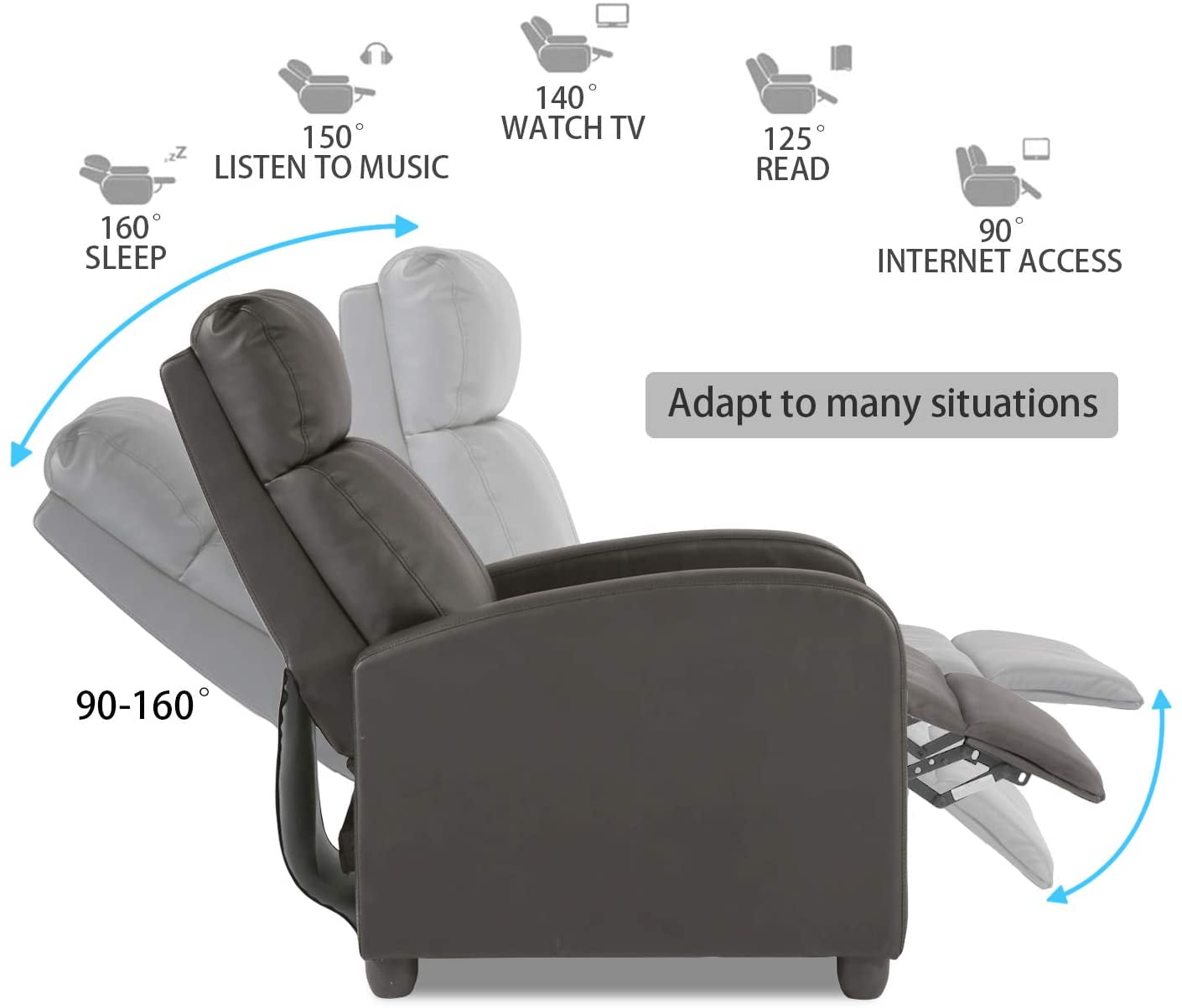 FDW Recliner Chair for Living Room Furniture Home Theater Seating Glider Chairs Modern Wingback Single Sofa PU Leather with Footrest (Grey)