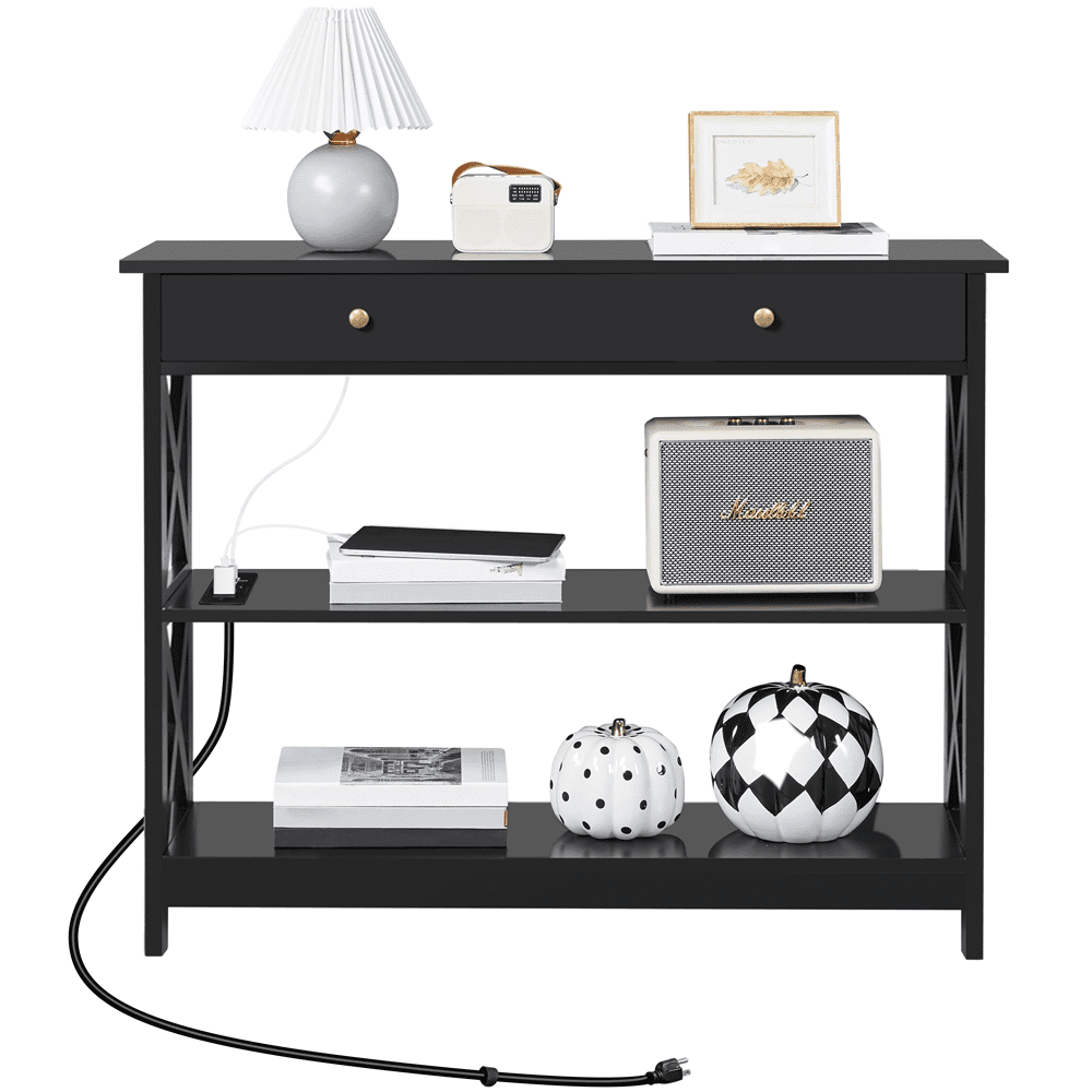 Alden Design Wooden Console Table with Power Outlet & Drawer for Entryway, Black