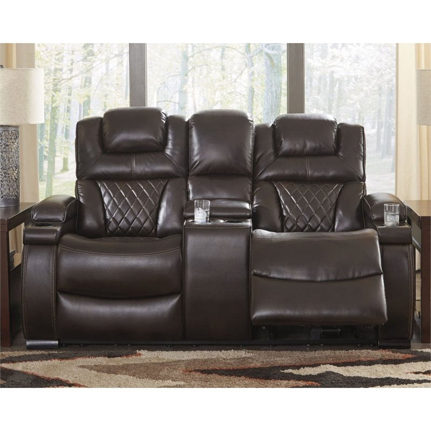 Ashley Warnerton Power Dual Reclining Loveseat with Console, Characteristic with Faux Leather in Chocolate
