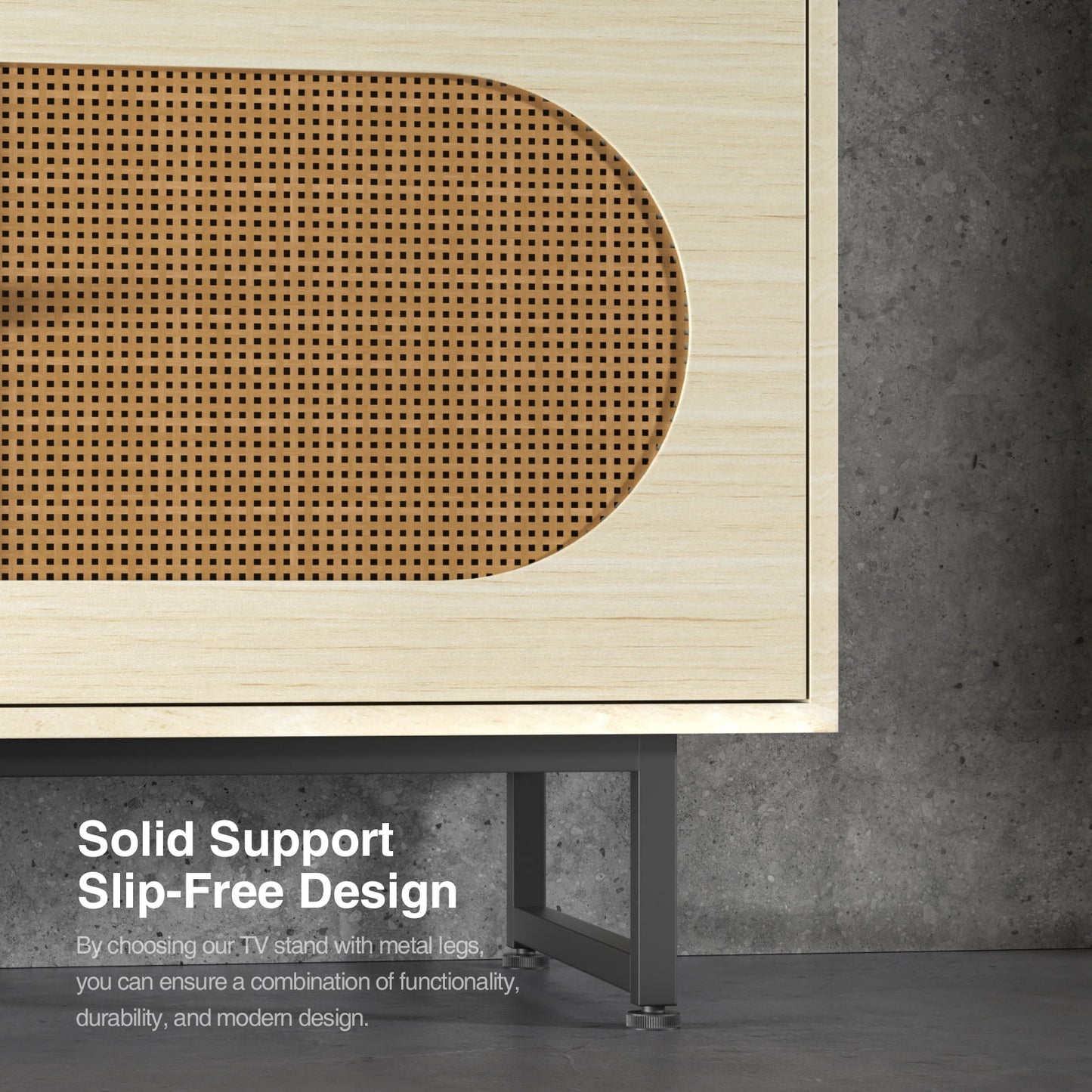 Veanerwood Rattan Entertainment Center with Storage Cabinets & Open Shelves, Beige