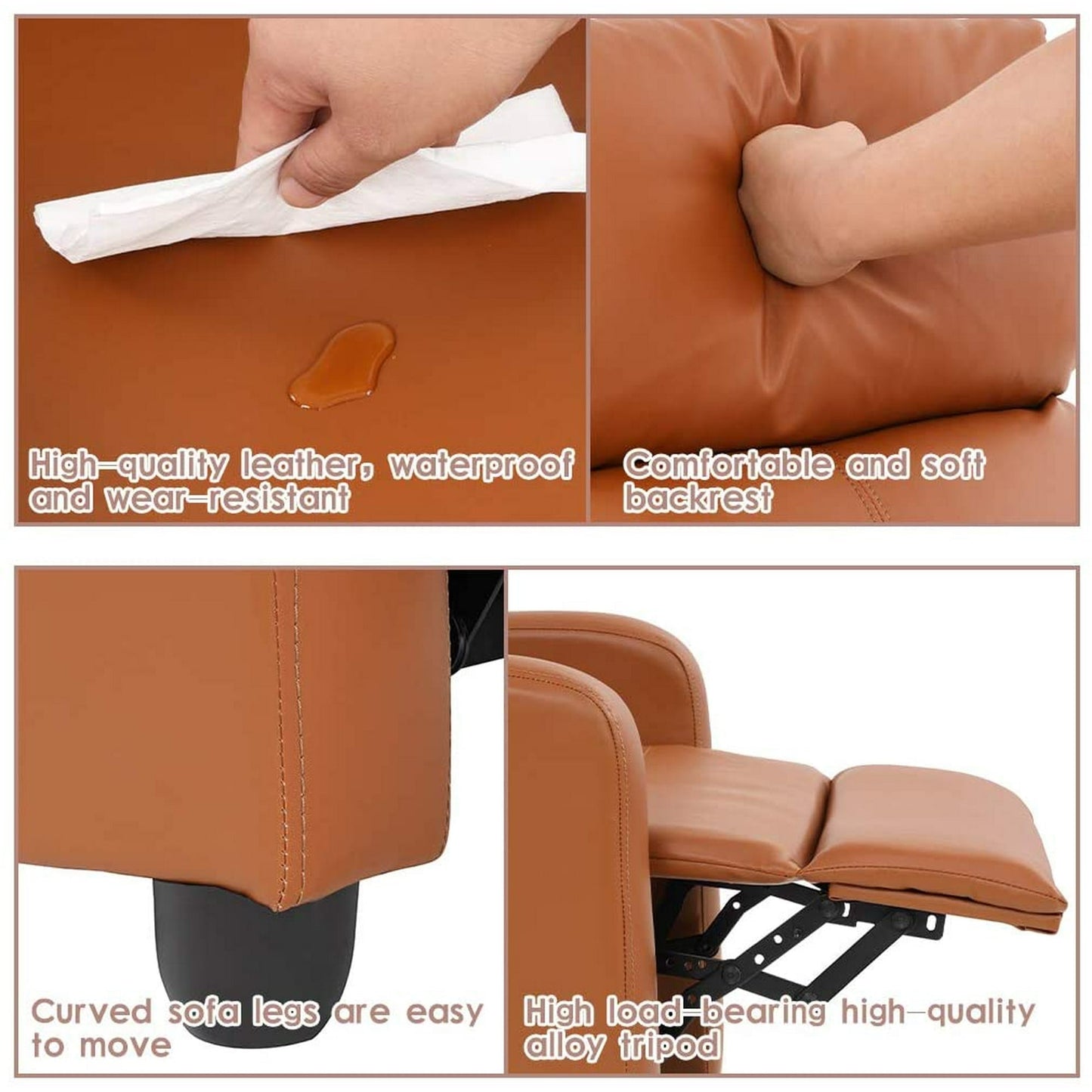 FDW Recliner Chair for Living Room Furniture Home Theater Seating Glider Chairs Modern Wingback Single Sofa PU Leather with Footrest (Tan)