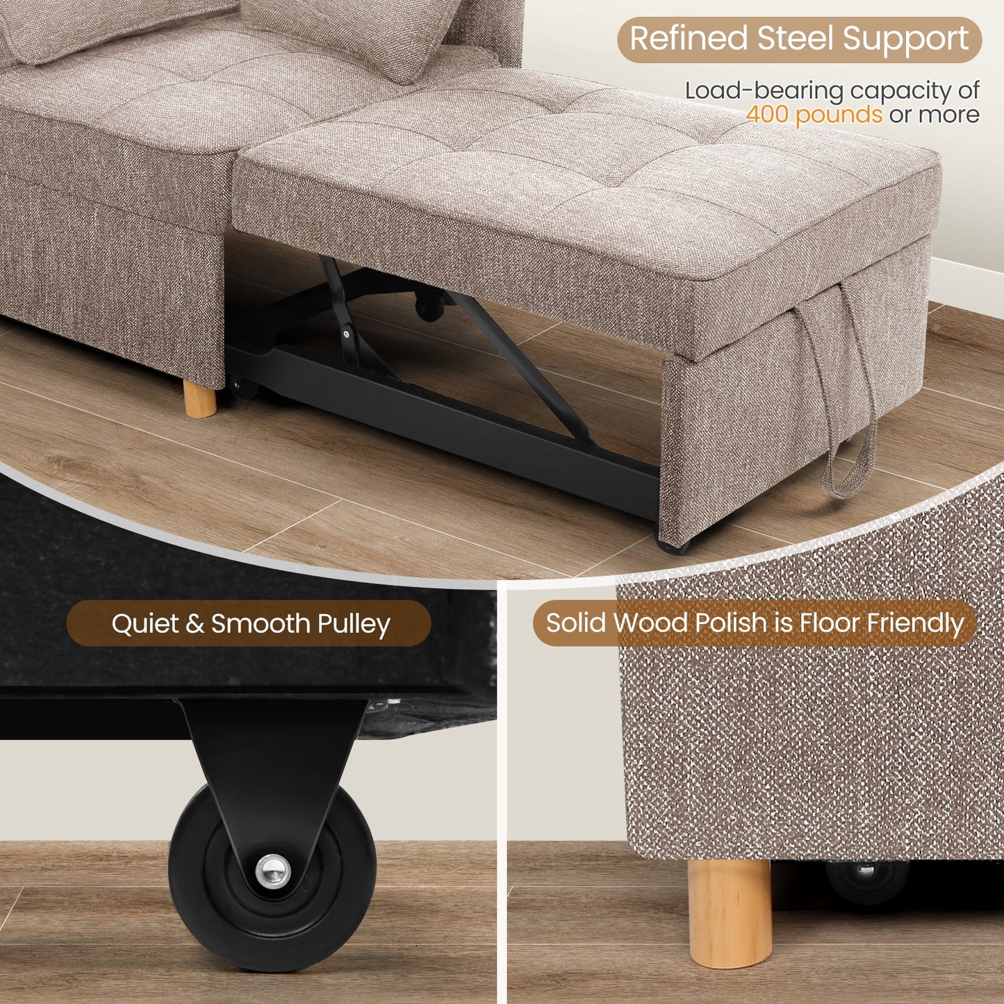 Funcid 4-in-1 Convertible Sleeper Chair Bed, Linen Sofa Bed for Small Space, Futon Sofa with 2 Throw Pillows for Living Room, Single Recliner with 5 Adjustable Backrest for Bedroom Apartment, Brown