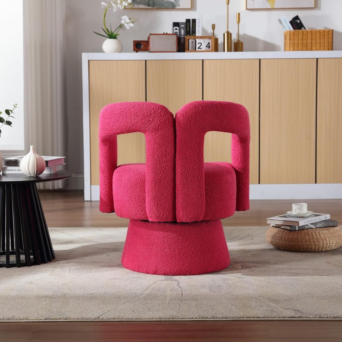 Tansole Swivel Accent Arm Chair Set of 2, Modern Boucle Upholstered 360 Degree Swivel Round Small Barrel Chair, Comfy Leisure Side Chair for Living Room, Bedroom,Rose Red,1