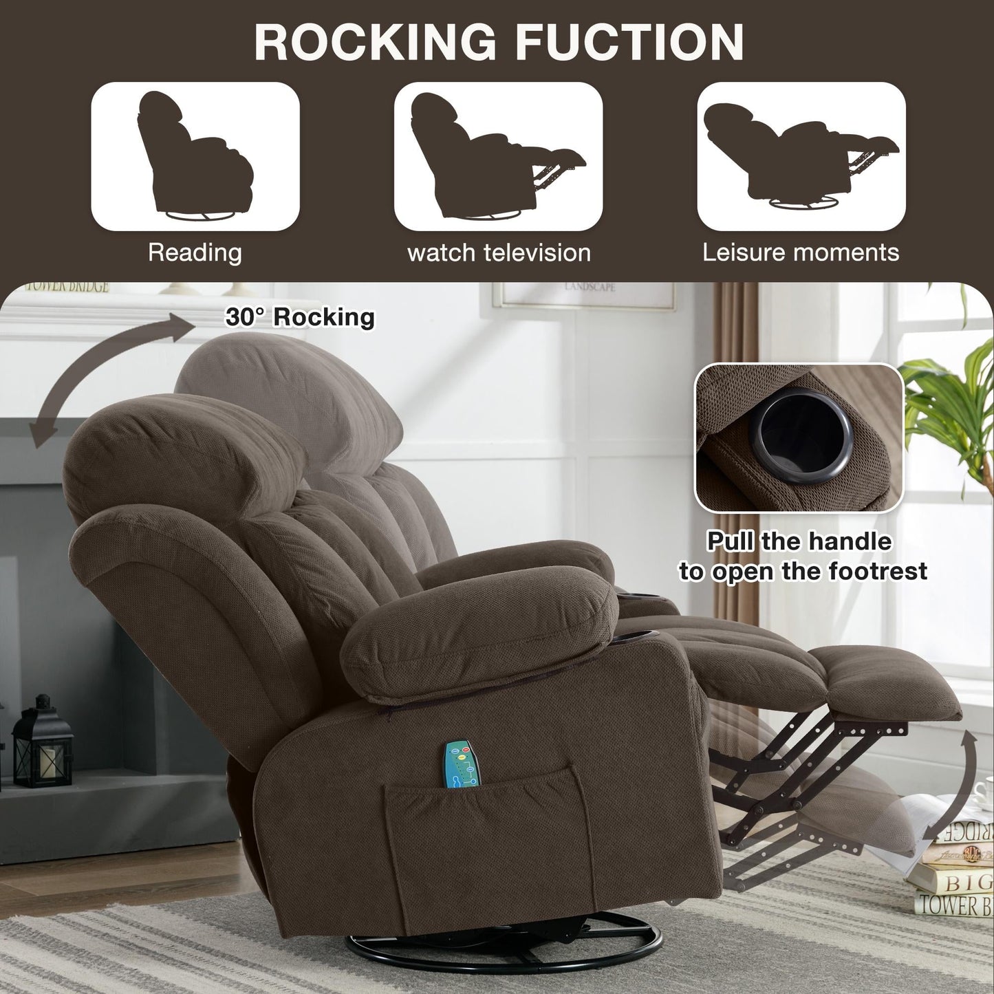 HSUNNS Oversized Rocker Recliner Chair with Swivel & Massage Function, Heat, USB Port and 2 Cup Holders, Brown
