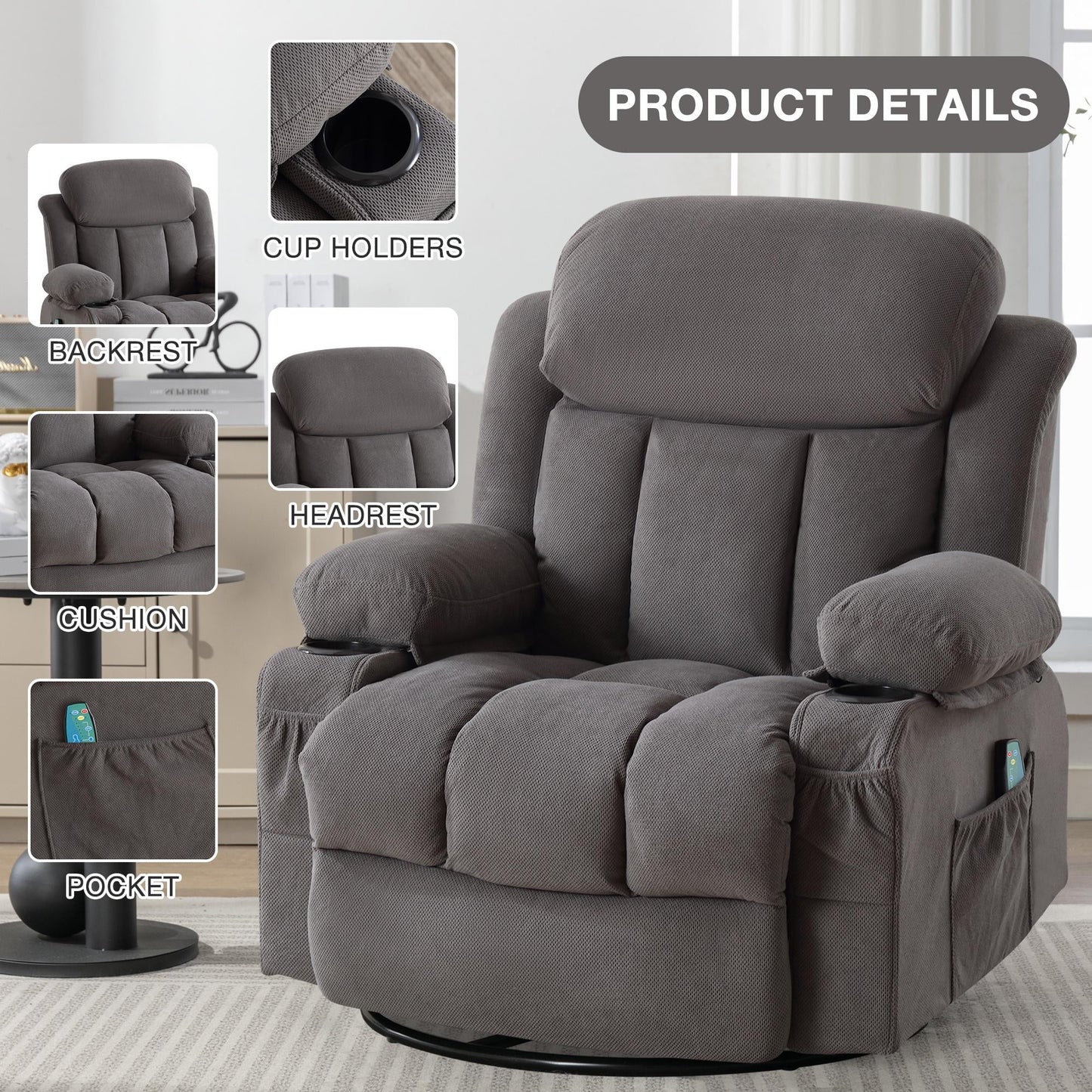Deluxe Recliner for Elderly, Double Power, USB Charging, Side Pocket, Gray