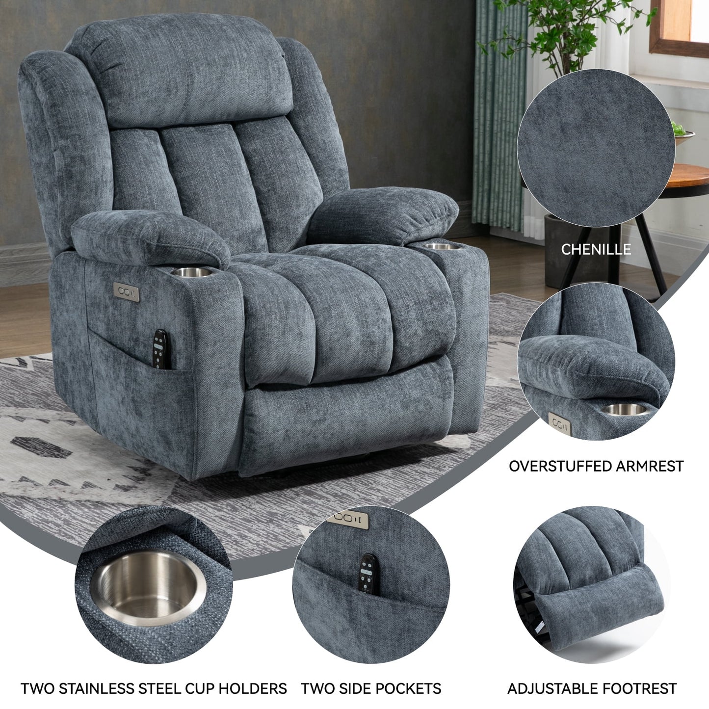 Trustyue Power Lift Recliner Chair Massage and Heating Function, USB Port, Stainless Steel Cup Holder, Chenille Blue