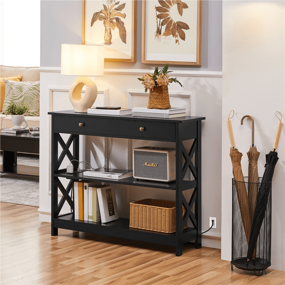 Alden Design Wooden Console Table with Power Outlet & Drawer for Entryway, Black
