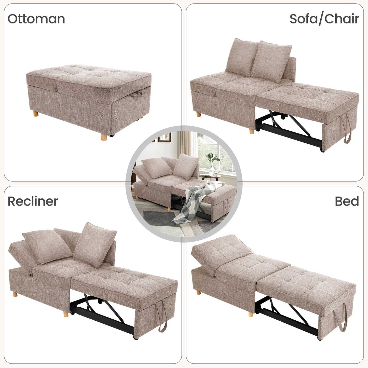 Funcid 4-in-1 Convertible Sleeper Chair Bed, Linen Sofa Bed for Small Space, Futon Sofa with 2 Throw Pillows for Living Room, Single Recliner with 5 Adjustable Backrest for Bedroom Apartment, Brown