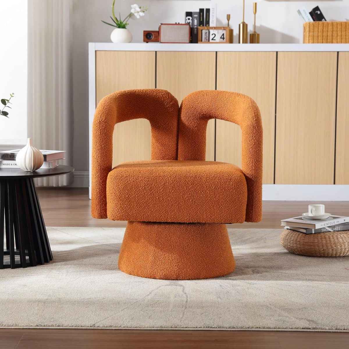 Tansole Swivel Accent Arm Chair Set of 2, Modern Boucle Upholstered 360 Degree Swivel Round Small Barrel Chair, Comfy Leisure Side Chair for Living Room, Bedroom,Orange,2