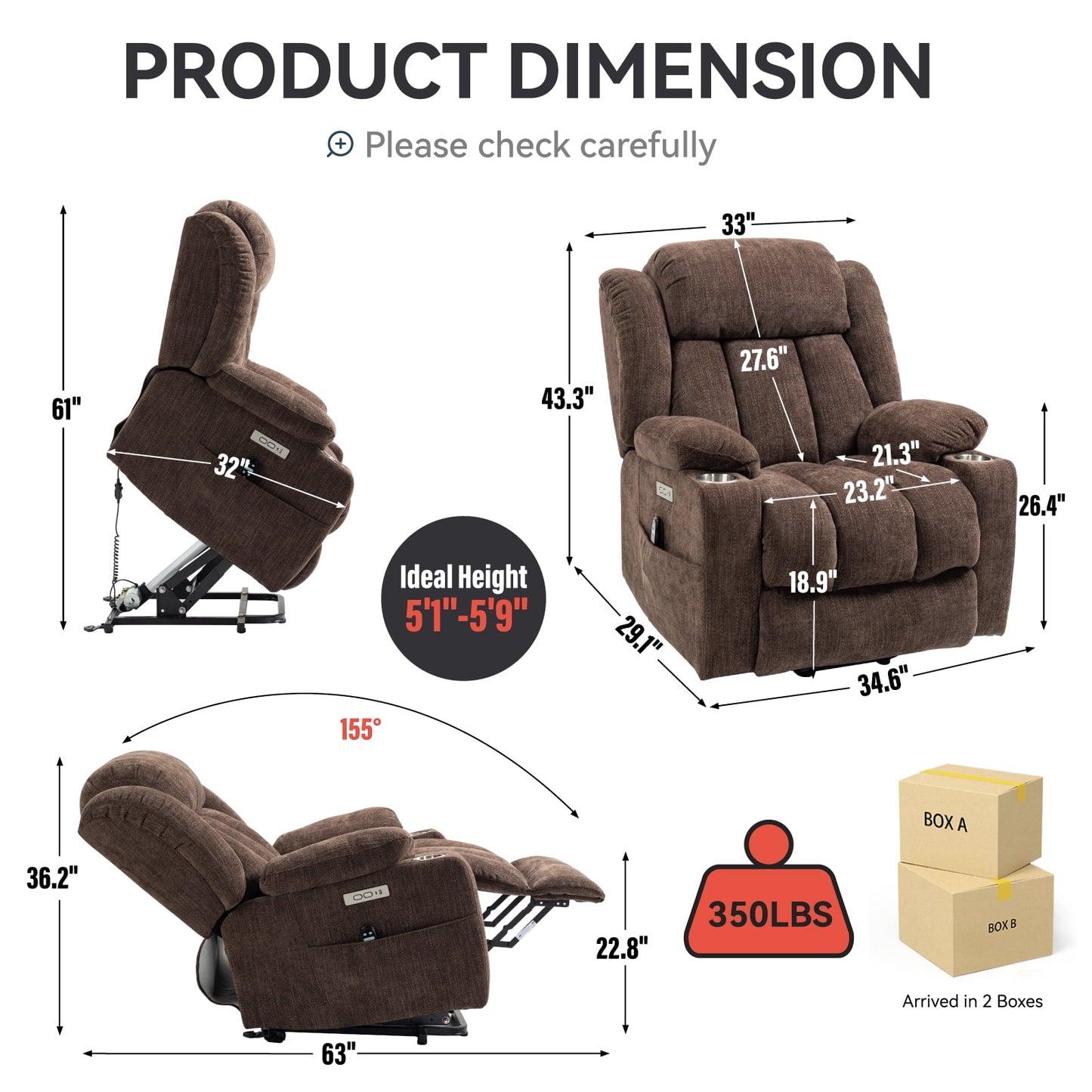 Trustyue Power Lift Recliner Chair Massage and Heating Function, USB Port, Stainless Steel Cup Holder, Chenille Brown
