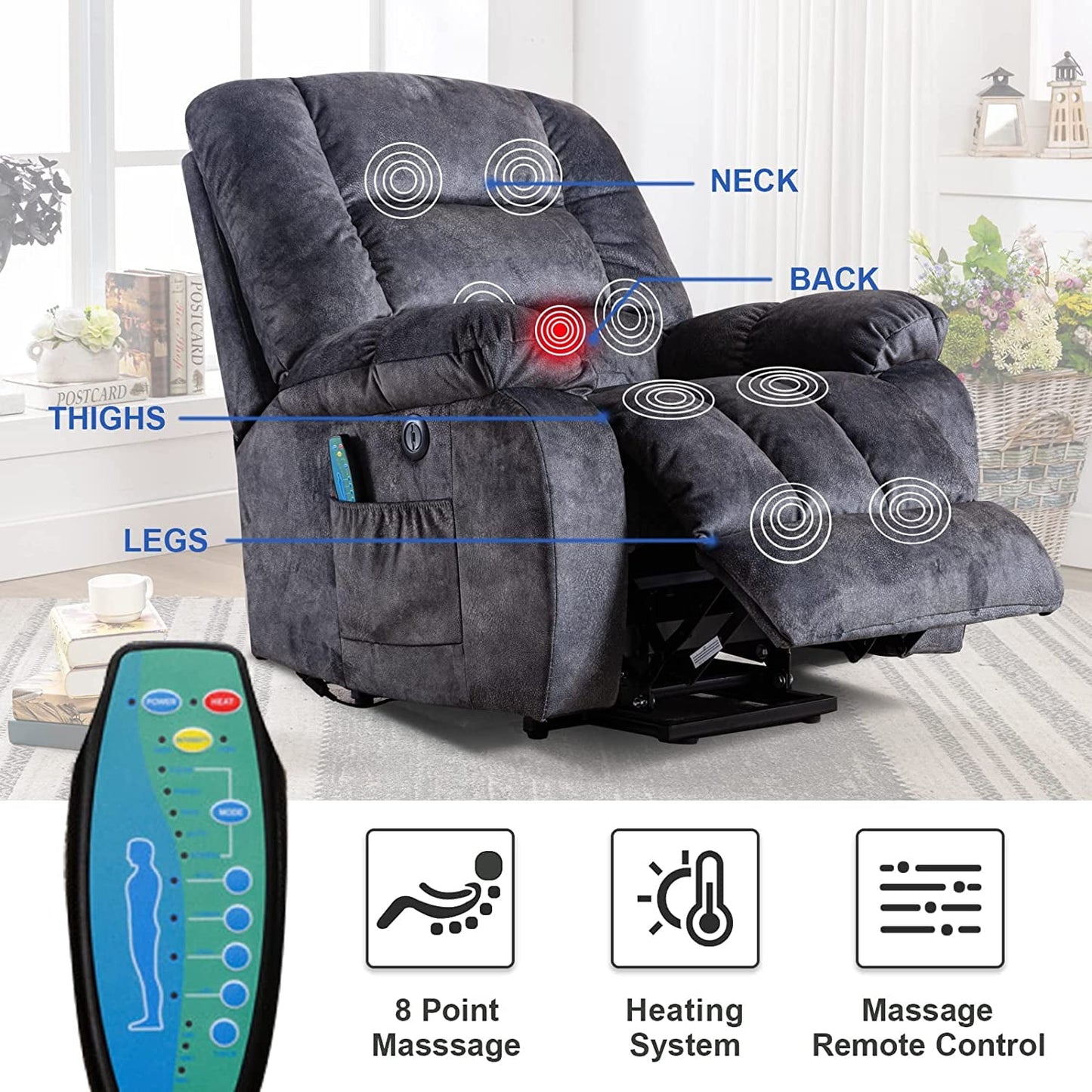 Electric Power Lift Recliner, Heavy Duty 330lbs Velvet Sofa Chair for Elderly, Ergonomic Lounge Single Sofa with 4 Positions Lift, Plush Arms and Remote Control, Storage Pockets, Grey, SS1817