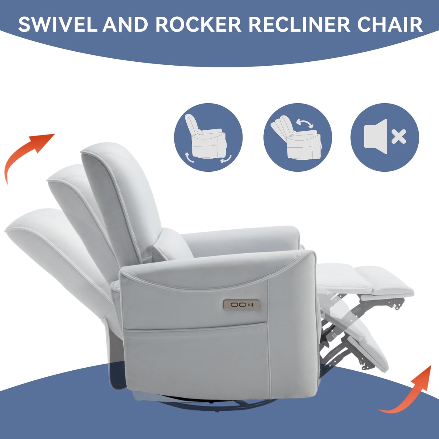 Trustyue Power Glider Swivel Rocker Recliner , Fabric Blue Chair for Living Room with USB and Type-C Ports