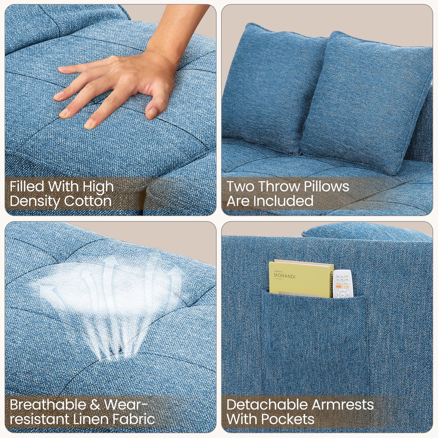 Funcid 4-in-1 Convertible Sleeper Chair Bed, Linen Sofa Bed for Small Space, Futon Sofa with 2 Throw Pillows for Living Room, Single Recliner with 5 Adjustable Backrest for Bedroom Apartment, Brown