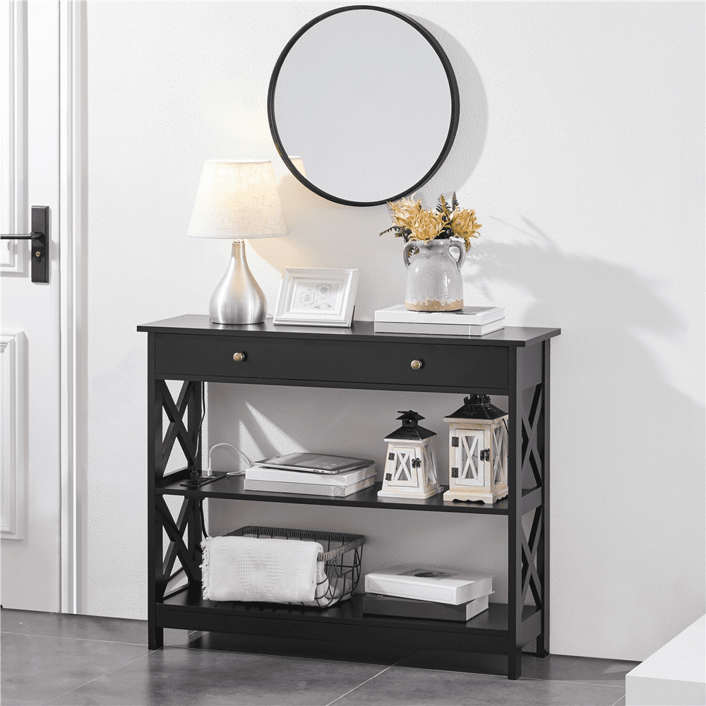 Alden Design Wooden Console Table with Power Outlet & Drawer for Entryway, Black