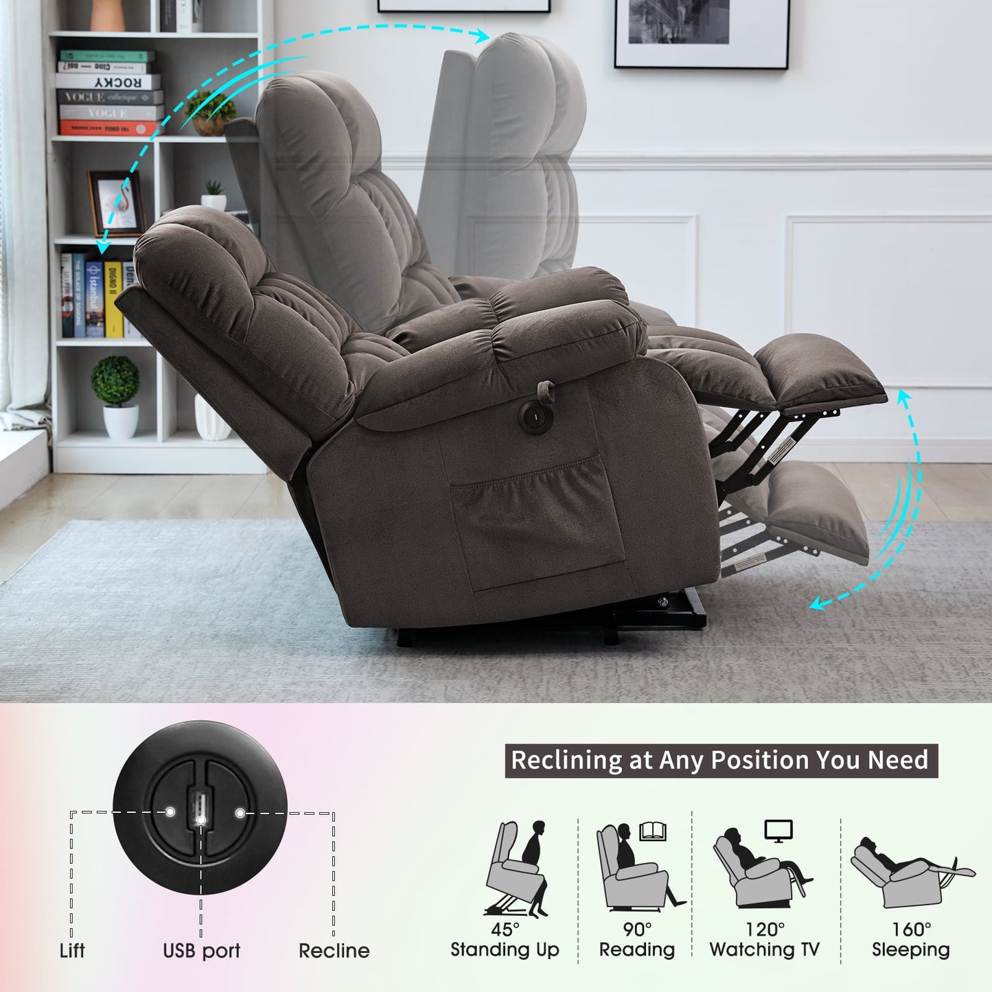 Electric Power Lift Recliner Chair with Heat & Massage, Velvet Fabric Heavy Duty Sofa for Home Living Room & Elderly