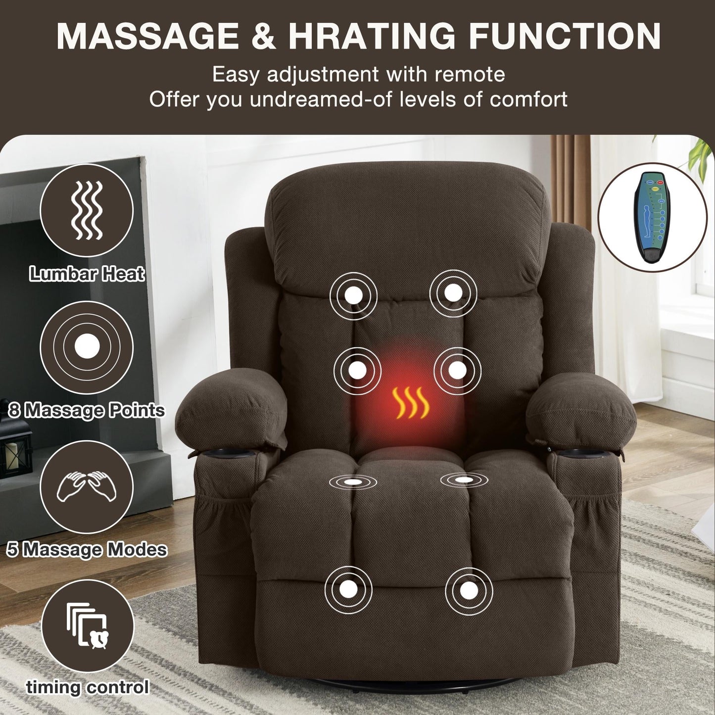 HSUNNS Oversized Rocker Recliner Chair with Swivel & Massage Function, Heat, USB Port and 2 Cup Holders, Brown