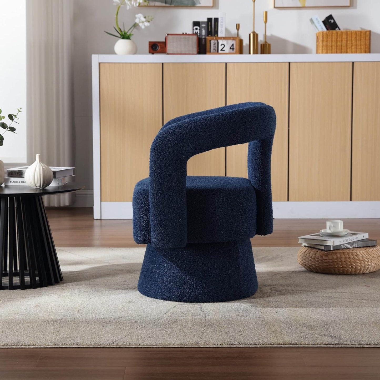 Tansole Swivel Accent Arm Chair Set of 2, Modern Boucle Upholstered 360 Degree Swivel Round Small Barrel Chair, Comfy Leisure Side Chair for Living Room, Bedroom,Navy,1