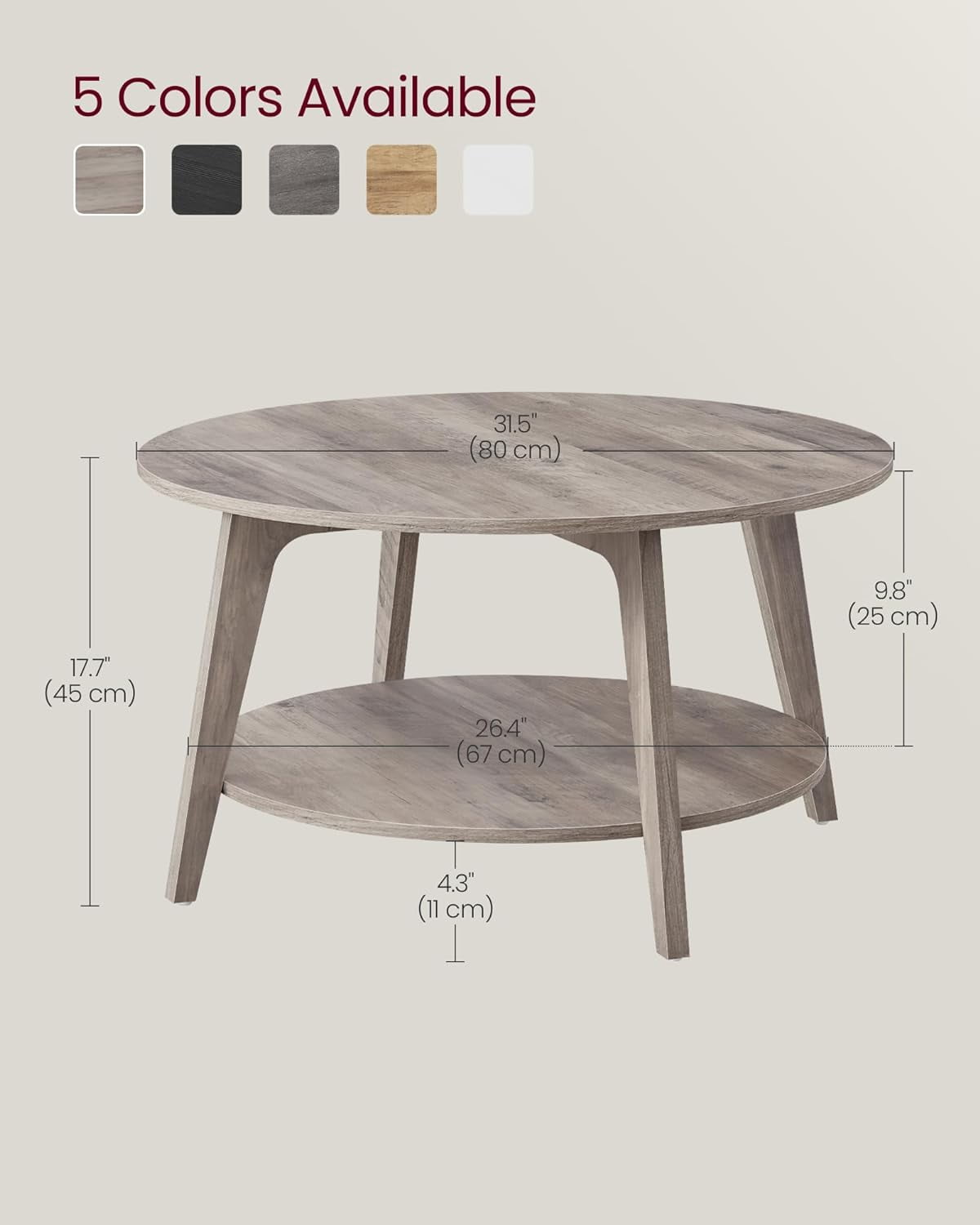 VASAGLE Round Coffee Table, 2 Tier Coffee Table with Storage, for Living Room, 31.5 x 17.7 Inches, Easy to Assemble, Heather Greige ULCT243K02