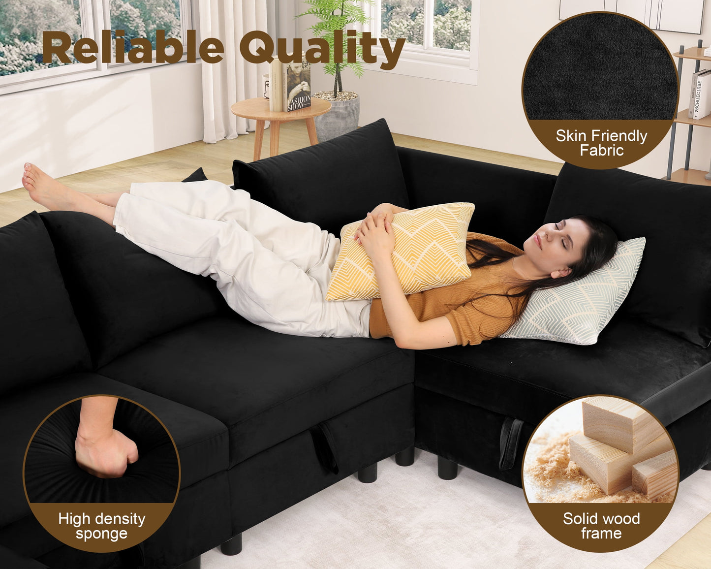 Funcid Modular Sofa and Couch, Modular Sectional Sleeper Couch with Storage, Oversized 6 Seat Convertible U Shaped Sectional Sofa for Home Living Room, Black Velvet