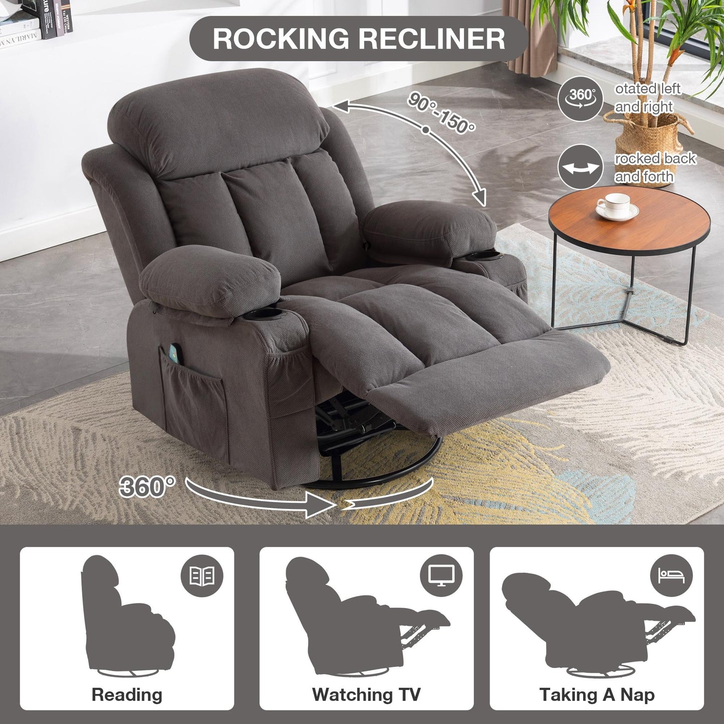 Deluxe Recliner for Elderly, Double Power, USB Charging, Side Pocket, Gray