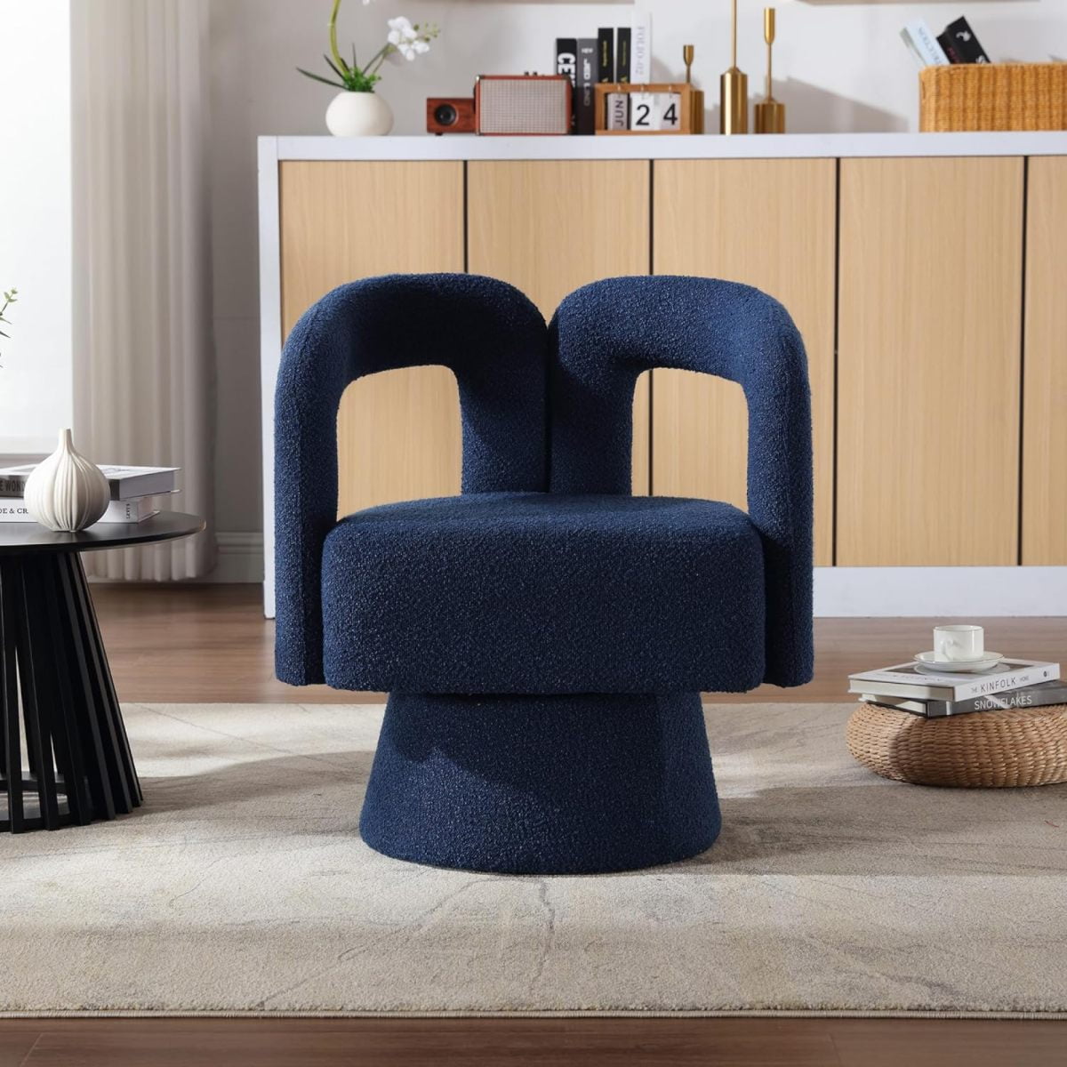 Tansole Swivel Accent Arm Chair Set of 2, Modern Boucle Upholstered 360 Degree Swivel Round Small Barrel Chair, Comfy Leisure Side Chair for Living Room, Bedroom,Navy,2