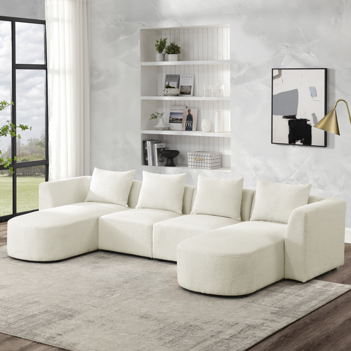 U-Shaped Sectional Sofa with 2 Seats, 2 Chaises, Ottoman, Pillows, Loop Yarn Fabric (Ivory)