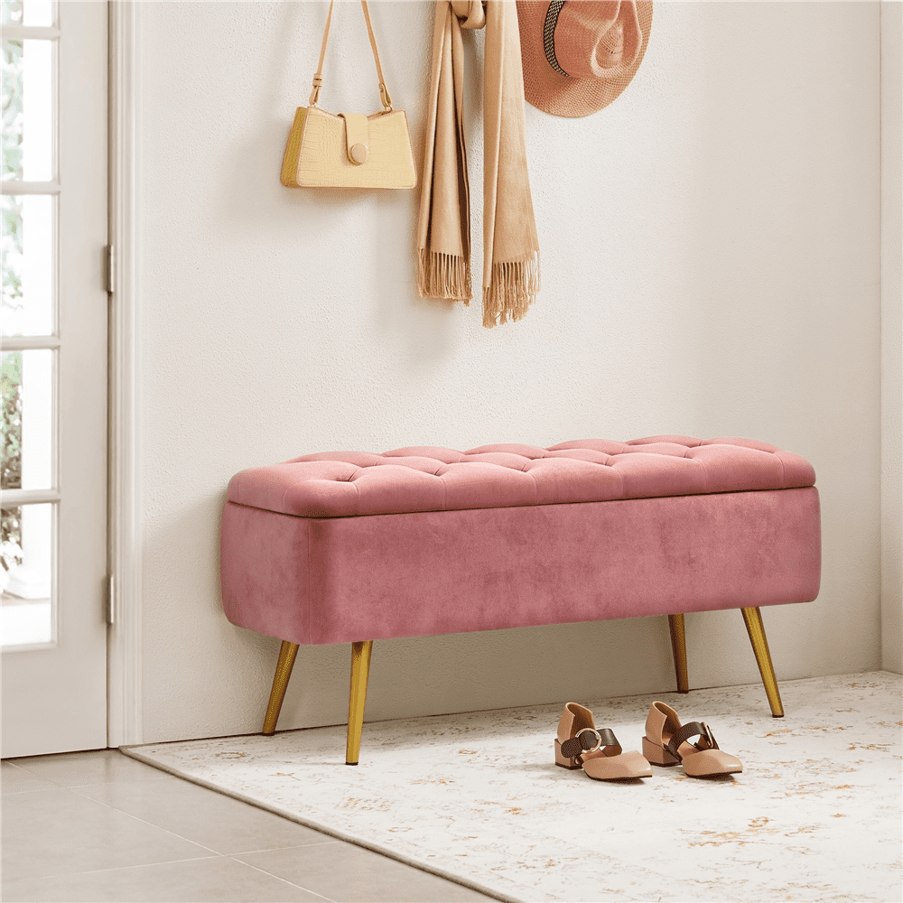 Alden Design Modern Velvet Upholstered Storage Accent Bench, Pink
