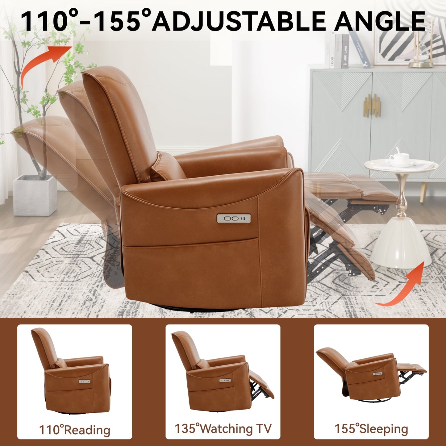 Trustyue Power Glider Swivel Rocker Recliner , Faux Leather Brown Chair for Living Room with USB and Type-C Ports